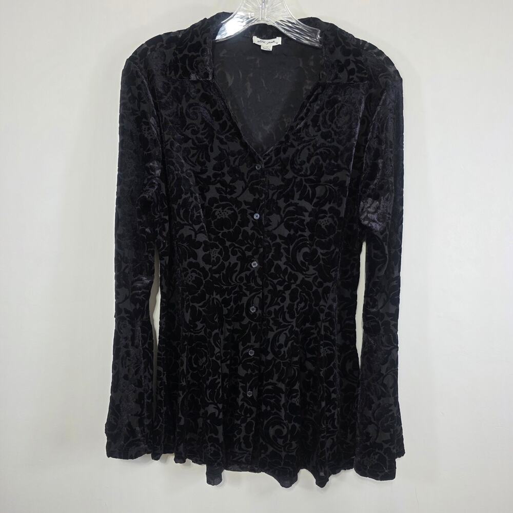 Ultra Pink Black Velvet Burnout Button Front Top Steampunk Victorian Goth Medium